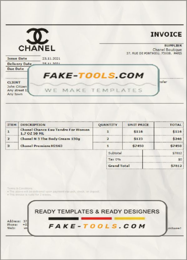USA Chanel invoice template in Word and PDF format, fully editable scan effect
