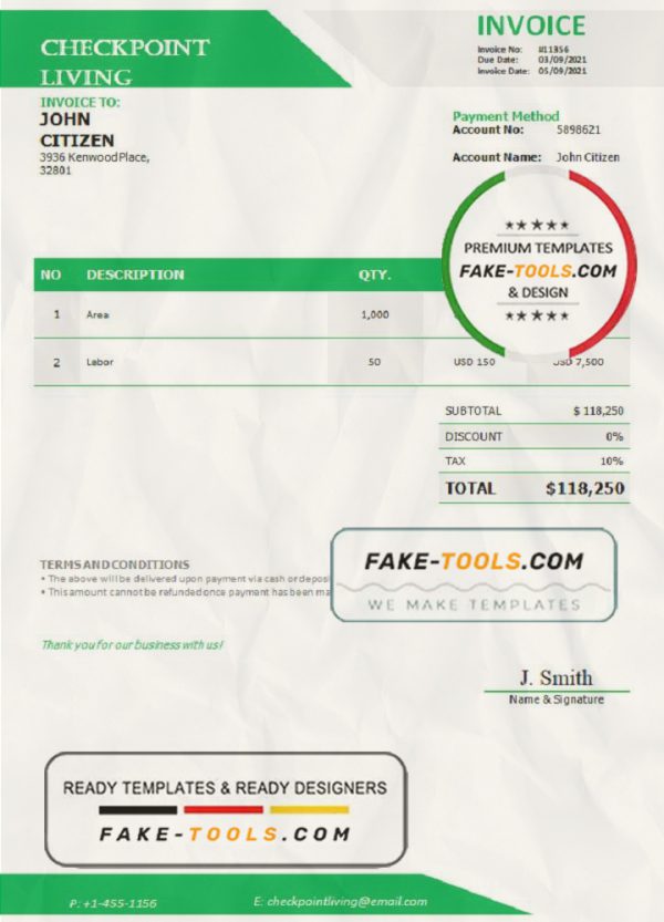 USA Checkpoint Living invoice template in Word and PDF format, fully editable scan effect