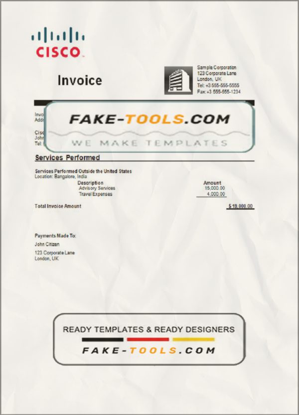 USA Cisco invoice template in Word and PDF format, fully editable scan effect