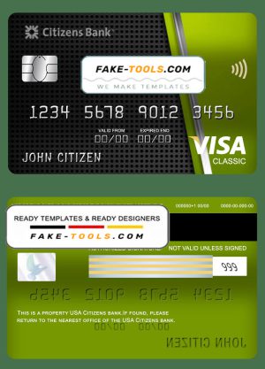 USA Citizens bank visa classic card fully editable template in PSD format