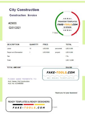 USA City Construction invoice template in Word and PDF format, fully editable