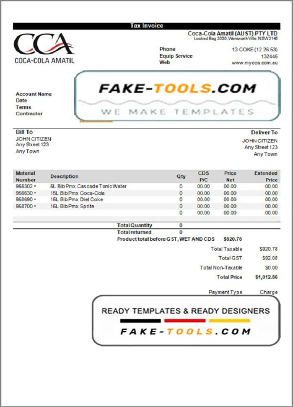 USA Coca-Cola invoice template in Word and PDF format, fully editable