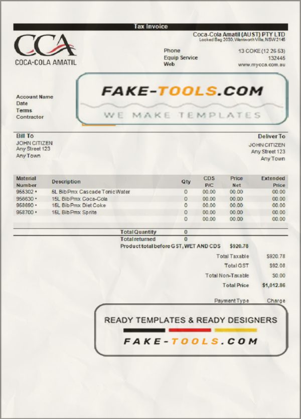 USA Coca-Cola invoice template in Word and PDF format, fully editable scan effect
