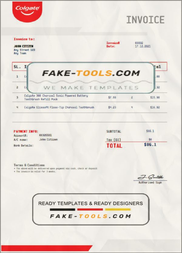 USA Colgate invoice template in Word and PDF format, fully editable scan effect