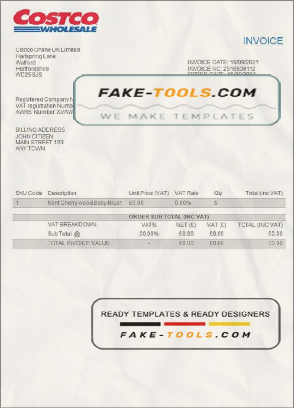 USA Costco invoice template in Word and PDF format, fully editable scan effect