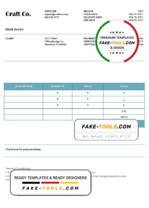 USA Craft Co. invoice template in Word and PDF format, fully editable