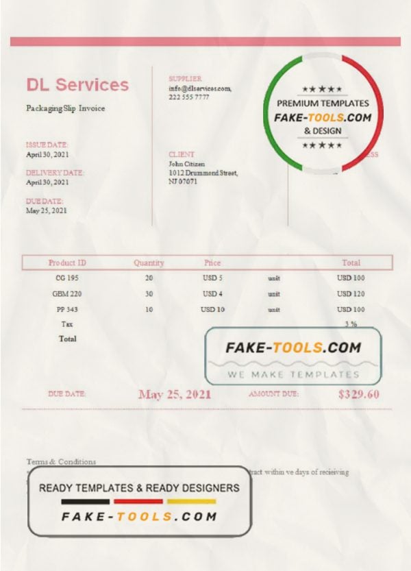 USA DL Services invoice template in Word and PDF format, fully editable