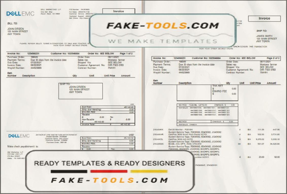 USA Dell Technologies invoice template in Word and PDF format, fully editable scan effect