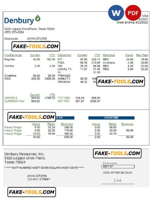USA Denbury Resources Inc. oil & gas company pay stub Word and PDF template