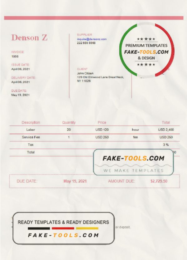 USA Denson Z invoice template in Word and PDF format, fully editable scan effect