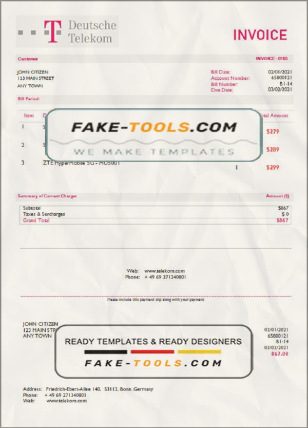 USA Deutsche Telecom invoice template in Word and PDF format, fully editable scan effect