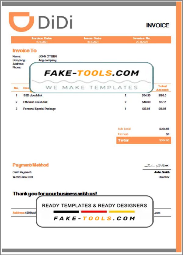 USA Didi Chuxing invoice template in Word and PDF format, fully editable