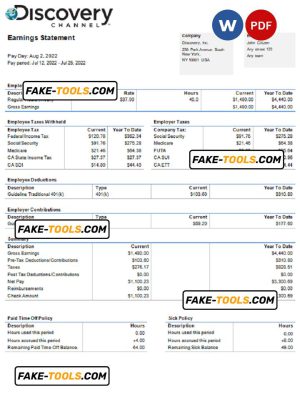 USA Discovery Inc. entertainment company pay stub Word and PDF template