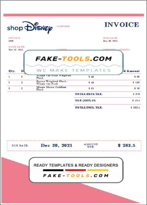 USA Disney invoice template in Word and PDF format, fully editable