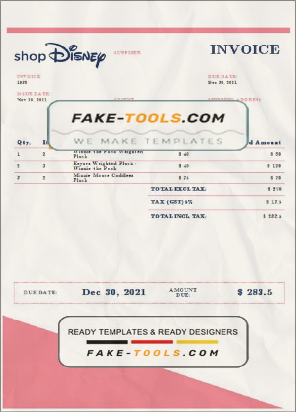 USA Disney invoice template in Word and PDF format, fully editable scan effect
