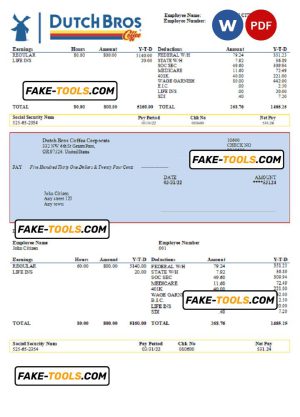 USA Dutch Bros Coffee Corporate coffeehouse company pay stub Word and PDF template