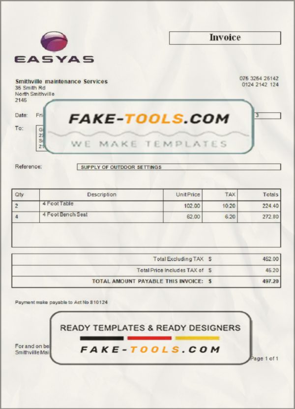 USA Easyas Driver Training invoice template in Word and PDF format, fully editable scan effect