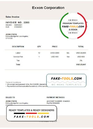 USA Exxon Corporation invoice template in Word and PDF format, fully editable