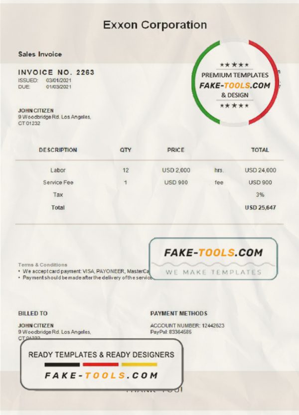 USA Exxon Corporation invoice template in Word and PDF format, fully editable scan effect