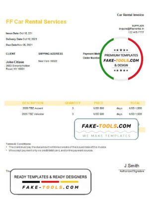 USA FF Car Rental Services invoice template in Word and PDF format, fully editable