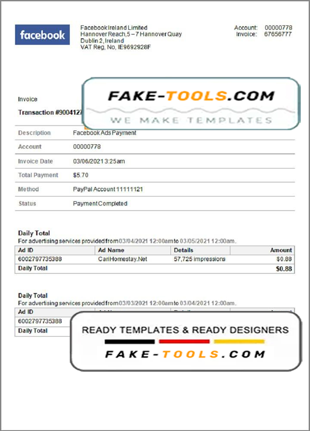 USA Facebook invoice template in Word and PDF format, fully editable scan effect