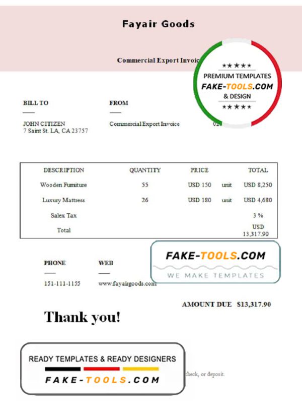 USA Fayair Goods invoice template in Word and PDF format, fully editable