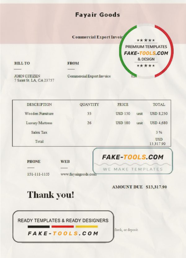 USA Fayair Goods invoice template in Word and PDF format, fully editable scan effect
