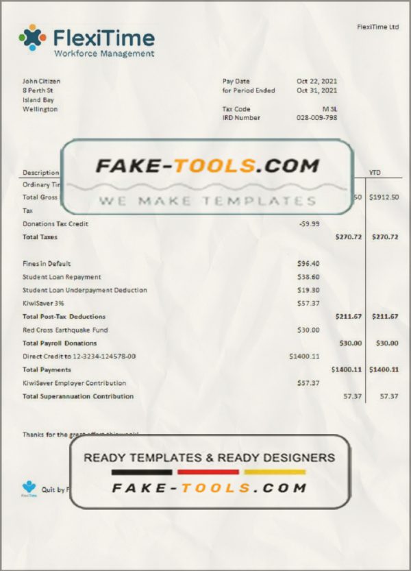 USA FlexiTime workforce management & payroll solutions invoice template in Word and PDF format, fully editable scan effect