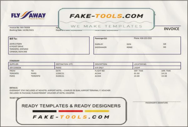 USA Fly Away Travel agency invoice template in Word and PDF format, fully editable scan effect