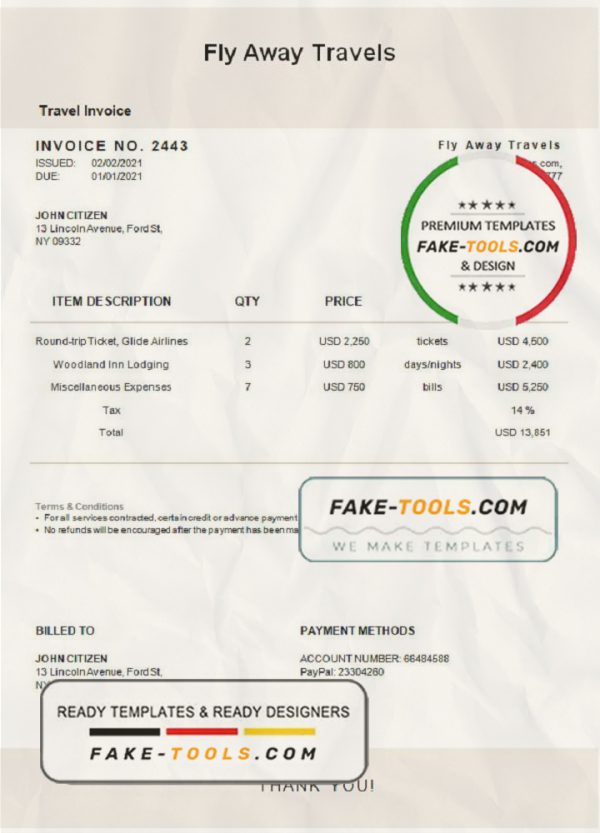 USA Fly Away Travels invoice template in Word and PDF format, fully editable scan effect
