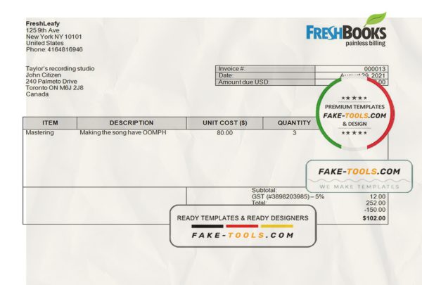 USA FreshBooks Company invoice template in Word and PDF format, fully editable scan effect