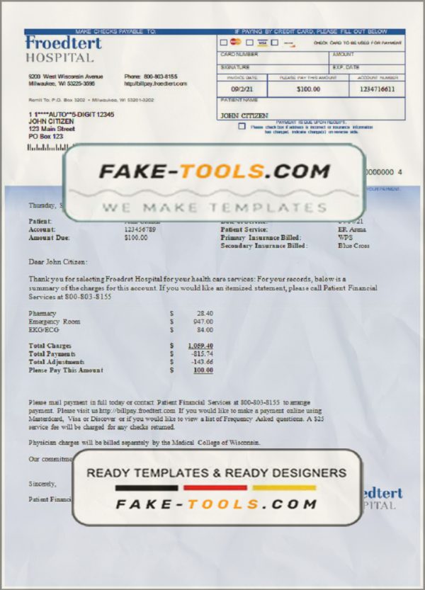 USA Froedtert Hospital invoice template in Word and PDF format, fully editable scan effect