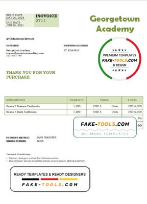 USA Georgetown Academy invoice template in Word and PDF format, fully editable