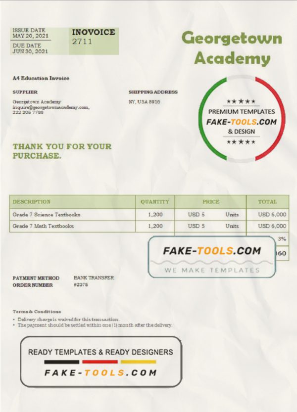 USA Georgetown Academy invoice template in Word and PDF format, fully editable scan effect