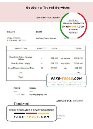 USA GetGoing Travel Services invoice template in Word and PDF format, fully editable