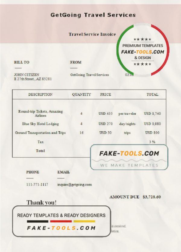 USA GetGoing Travel Services invoice template in Word and PDF format, fully editable scan effect