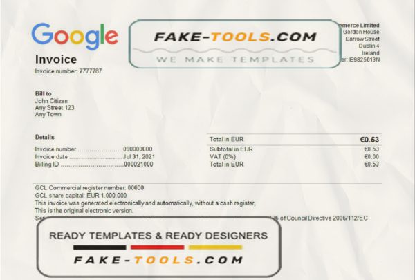 USA Google invoice template in Word and PDF format, fully editable scan effect