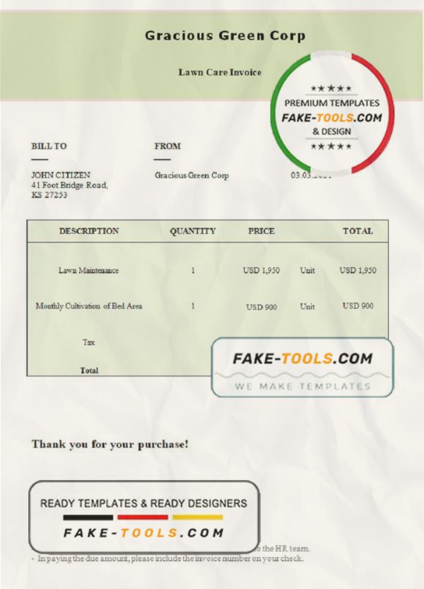 USA Gracious Green Corp invoice template in Word and PDF format, fully editable scan effect
