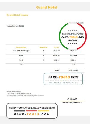 USA Grand Hotel invoice template in Word and PDF format, fully editable