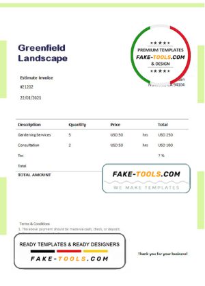 USA Greenfield Landscape invoice template in Word and PDF format, fully editable