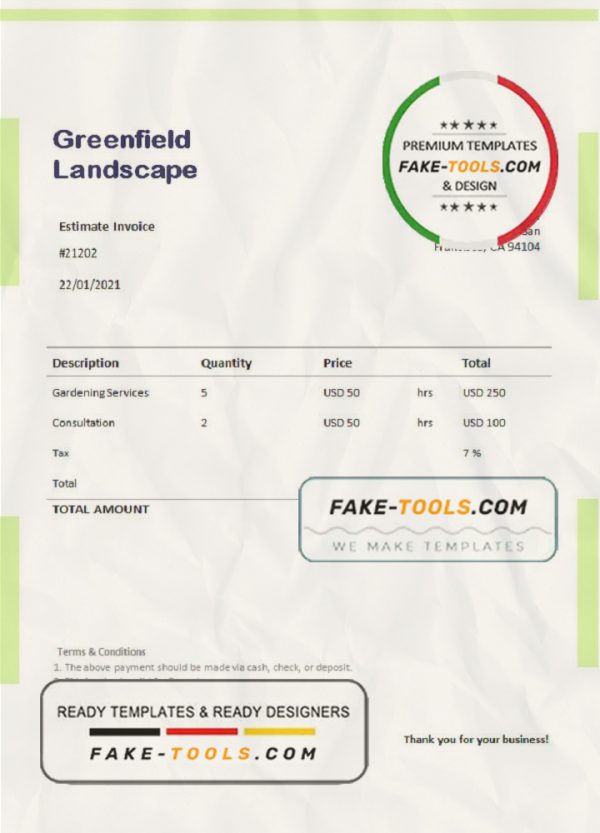 USA Greenfield Landscape invoice template in Word and PDF format, fully editable scan effect