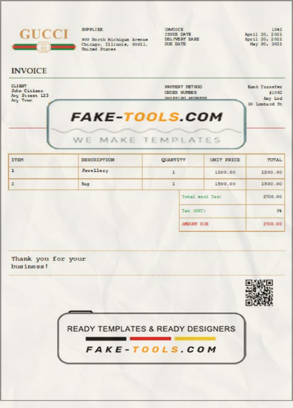 USA Gucci invoice template in Word and PDF format, fully editable scan effect