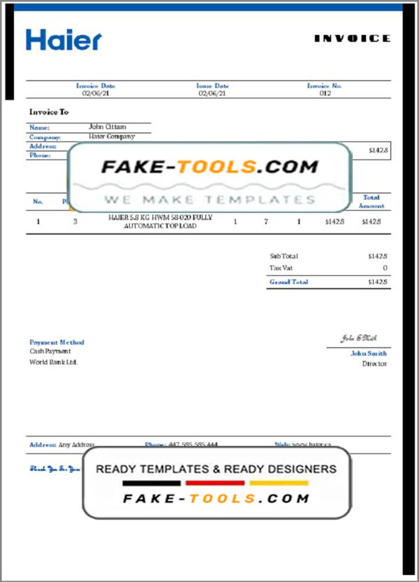 USA Haier invoice template in Word and PDF format, fully editable
