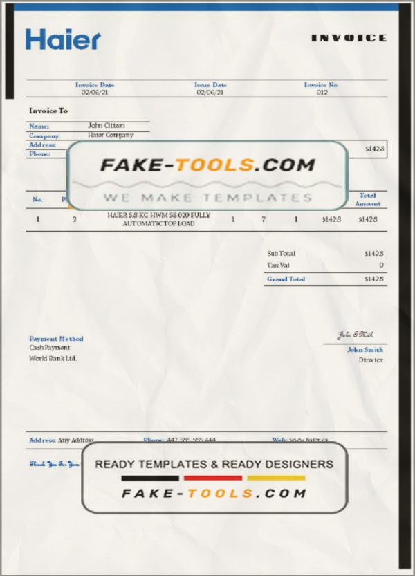 USA Haier invoice template in Word and PDF format, fully editable scan effect