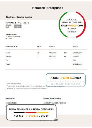 USA Hamilton Enterprises invoice template in Word and PDF format, fully editable