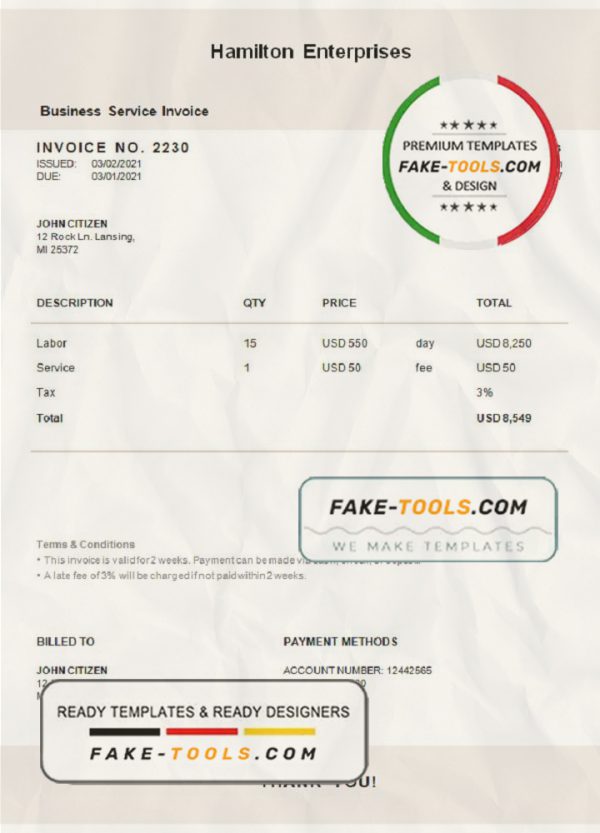 USA Hamilton Enterprises invoice template in Word and PDF format, fully editable scan effect