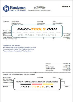 USA Handyman Home Service Company invoice template in Word and PDF format, fully editable