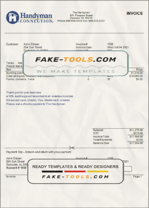 USA Handyman Home Service Company invoice template in Word and PDF format, fully editable scan effect