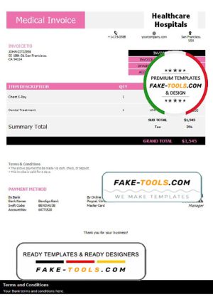 USA Healthcare Hospitals invoice template in Word and PDF format, fully editable