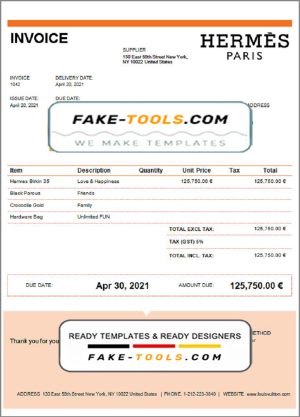 USA Hermes invoice template in Word and PDF format, fully editable